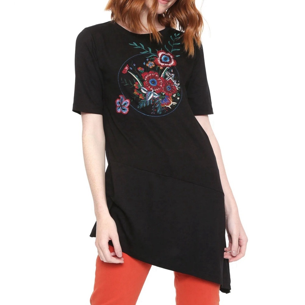 Desigual Women's Tunic Top Floral Embroidery Asymmetrical‎ Hem Short Sleeve M